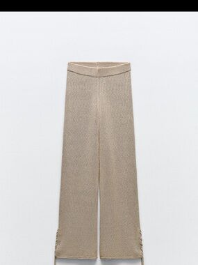 Zara Wide-Leg Knit Pants in Taupe Beige